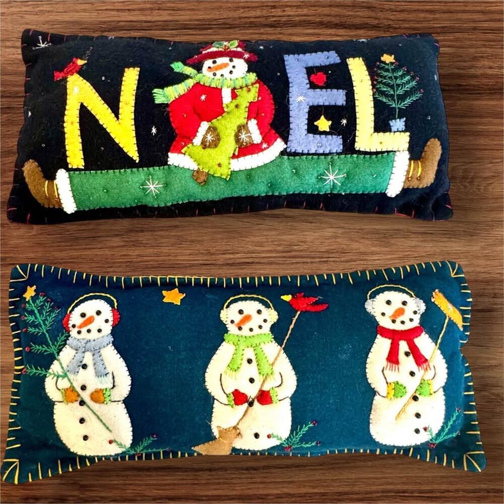 (2) Handmade Felt Pillows Snowman Noel Primitive Appliqué Christmas Holiday